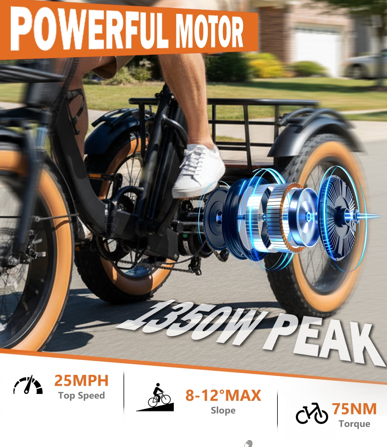 Electric Tricycle for Adult Folding Etrike Adult Electric 3 Wheels Bicycle Peak 1350W Motor Aluminum Frame 48V15.6AH Lithium Battery 20×4.0" Fat Tire & Rear Differential