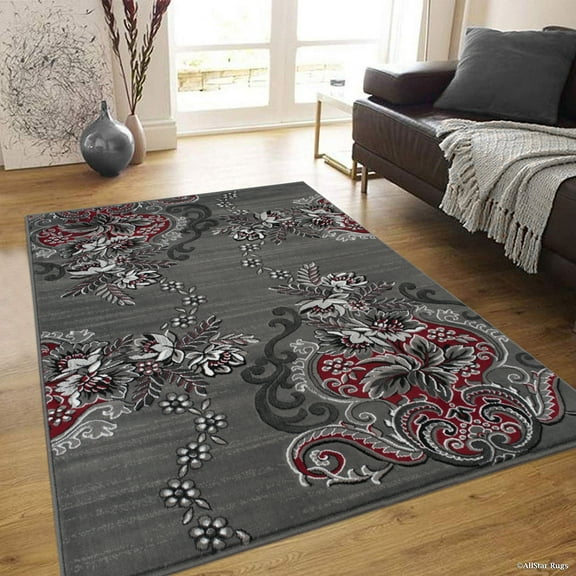 Allstar 5x7 Modern Area Rug in Red with Charcoal Grey Graphic Floral design (4' 11" x 6' 11")