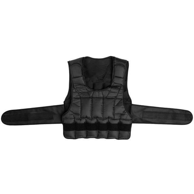 PRISP Adjustable Weighted Training Vest designed for strength and fitness workouts. Made of durable Oxford-type fabric with a double neoprene lining to resist sweat absorption. Features wide, padded shoulder straps for comfort and hook-and-loop fastening straps for a secure fit. Includes pre-filled removable sand weights for customizable weight distribution. Shown in black with multiple weight pockets and extended fastening straps.
