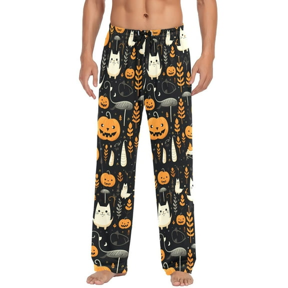 joogoo Men's Pajama Pants Halloween Cute Cats and Pumpkins Cotton Long Sleepwear Lounge Pants L