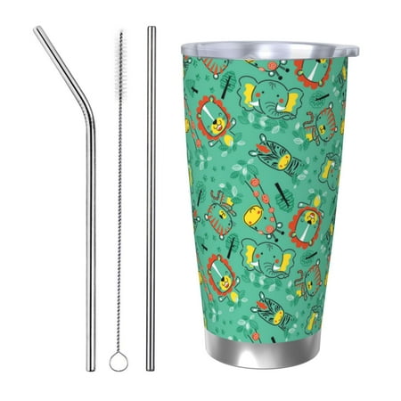 

Zeuib Funny Animals in Jungle Printed 20oz Stainless Steel Insulated Car Cup Stainless Steel Thermal Cup Vacuum Insulated Leak-proof Travel Mug Cup-Straw Three-piece Set