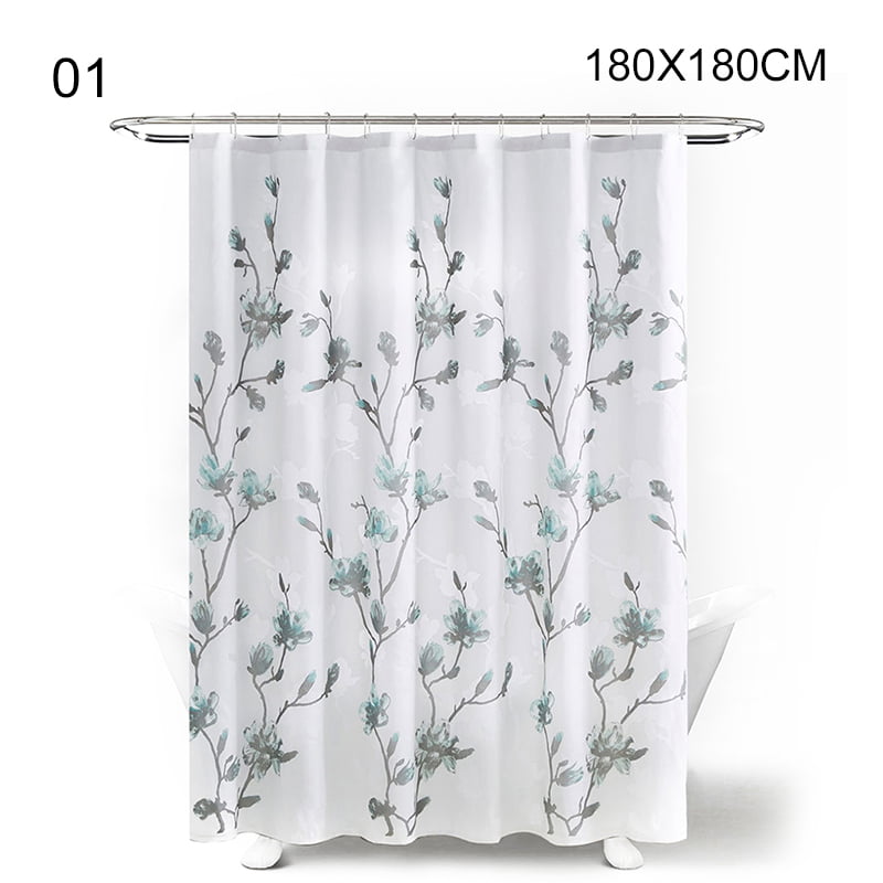Blue Floral Print Shower Curtain With Free Hooks Waterproof Fabric 180x180cm