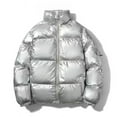 thumbnail image 5 of JUUYY Men's Plus Size Hooded Winter Coat Warm Puffer Jacket Metallic Shiny Thicken Cotton Solid Color Down Coat Silver M, 5 of 5