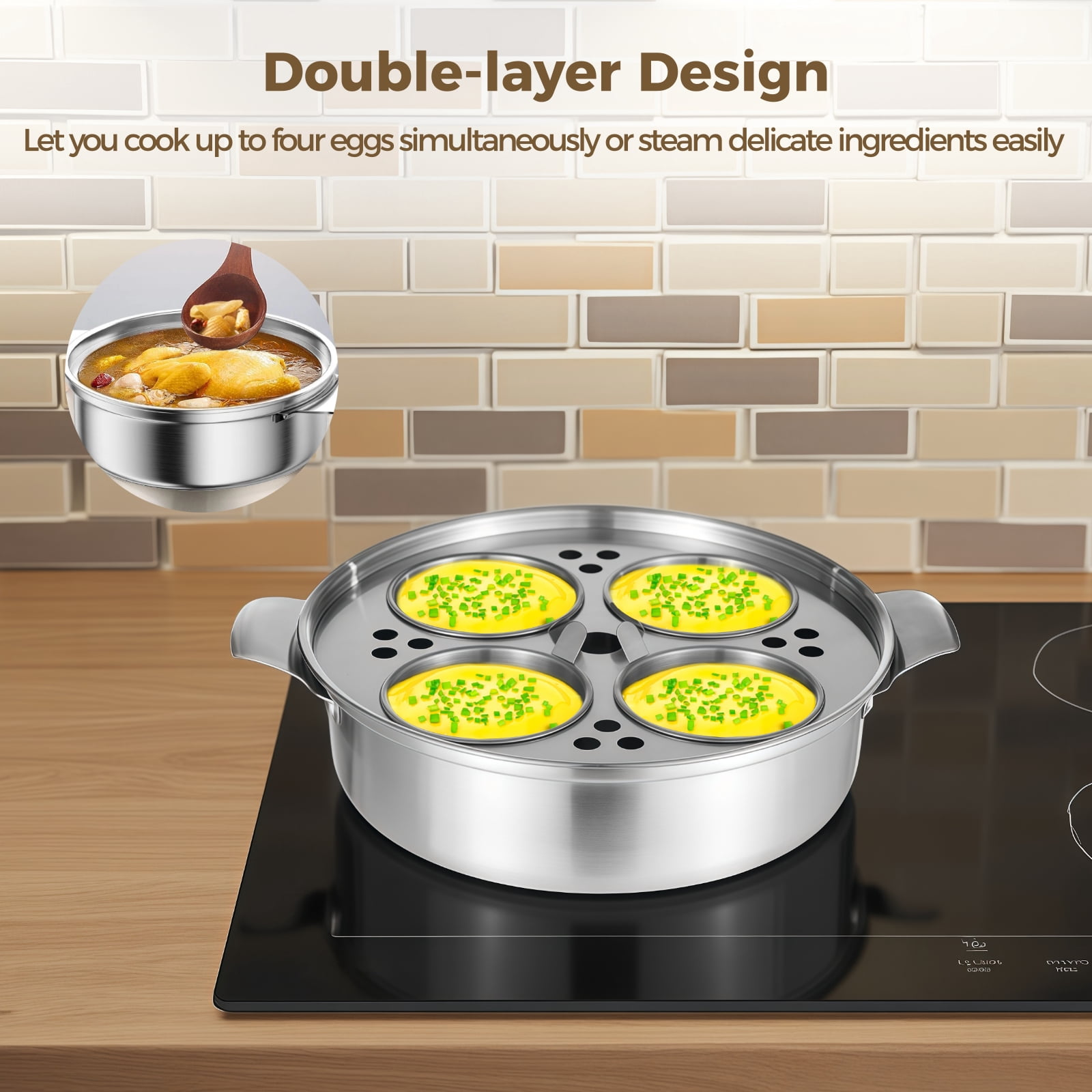 Stainless Steel Egg Poacher Pan, Steamer Pot with 4 Poached Egg Cups, Egg Cooker for Stove and Induction, Sturdy and Even Heating, Ideal for Soup and Boiled Egg, 9.4×2.6"