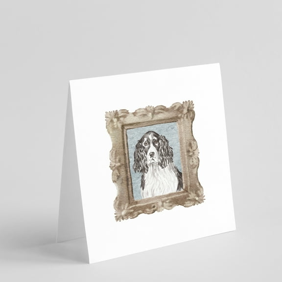 English Springer Spaniel Black White Front View Square Greeting Cards and Envelopes Pack of 8 5 in x 5 in