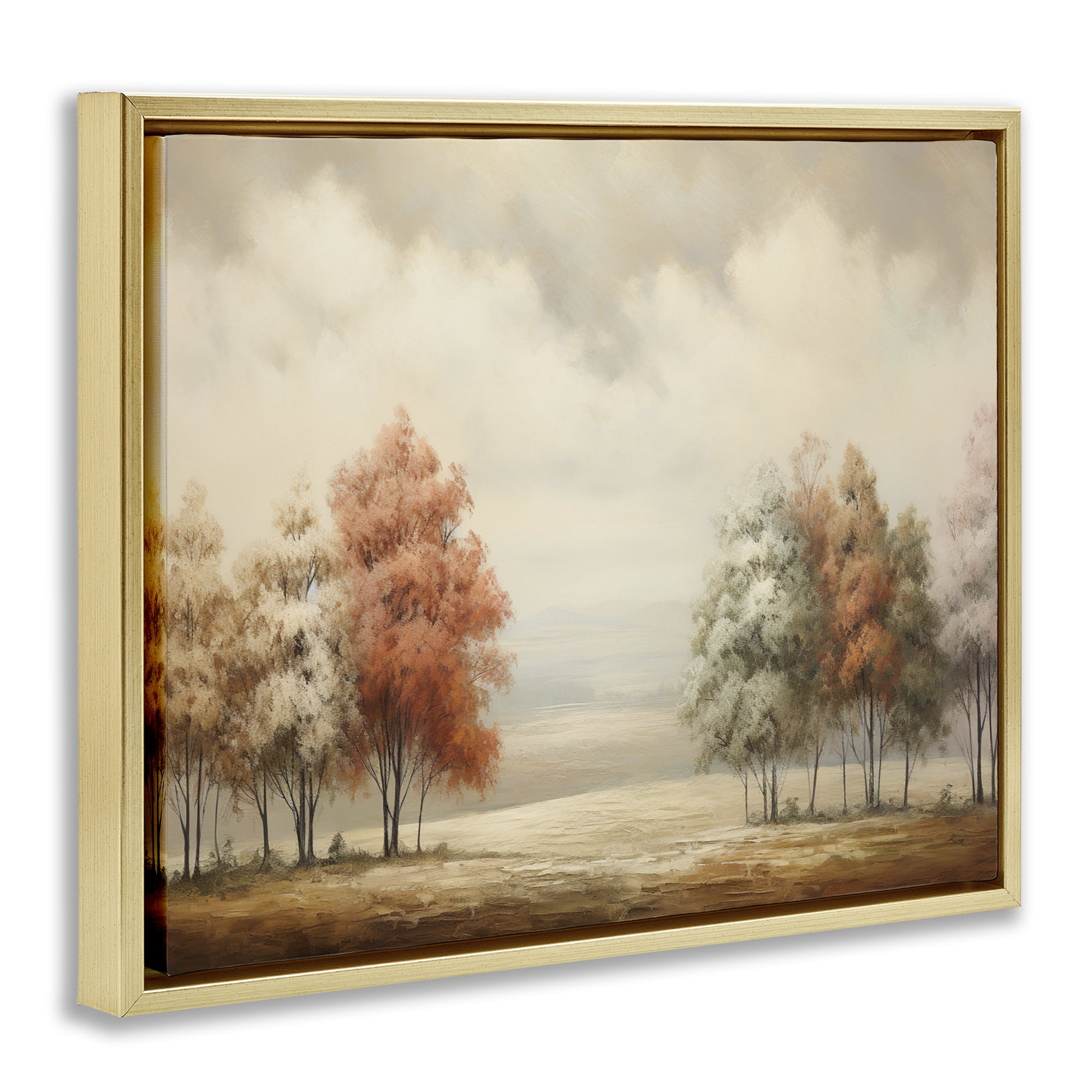 Stupell Industries Muted Autumn Treeline Landscape & Nature Painting Gold Floater Framed Canvas Art Print Wall Art, 21 x 17