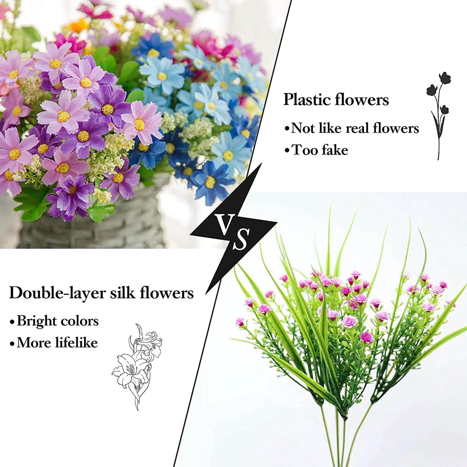 10 Bundles Outdoor Artificial Flowers for Decoration, UV Resistant Fake Flowers No Fade Faux Flowers Plastic Bouquet Hanging Plants for Outside Home Garden Porch Window Box Decor Silk Mums
