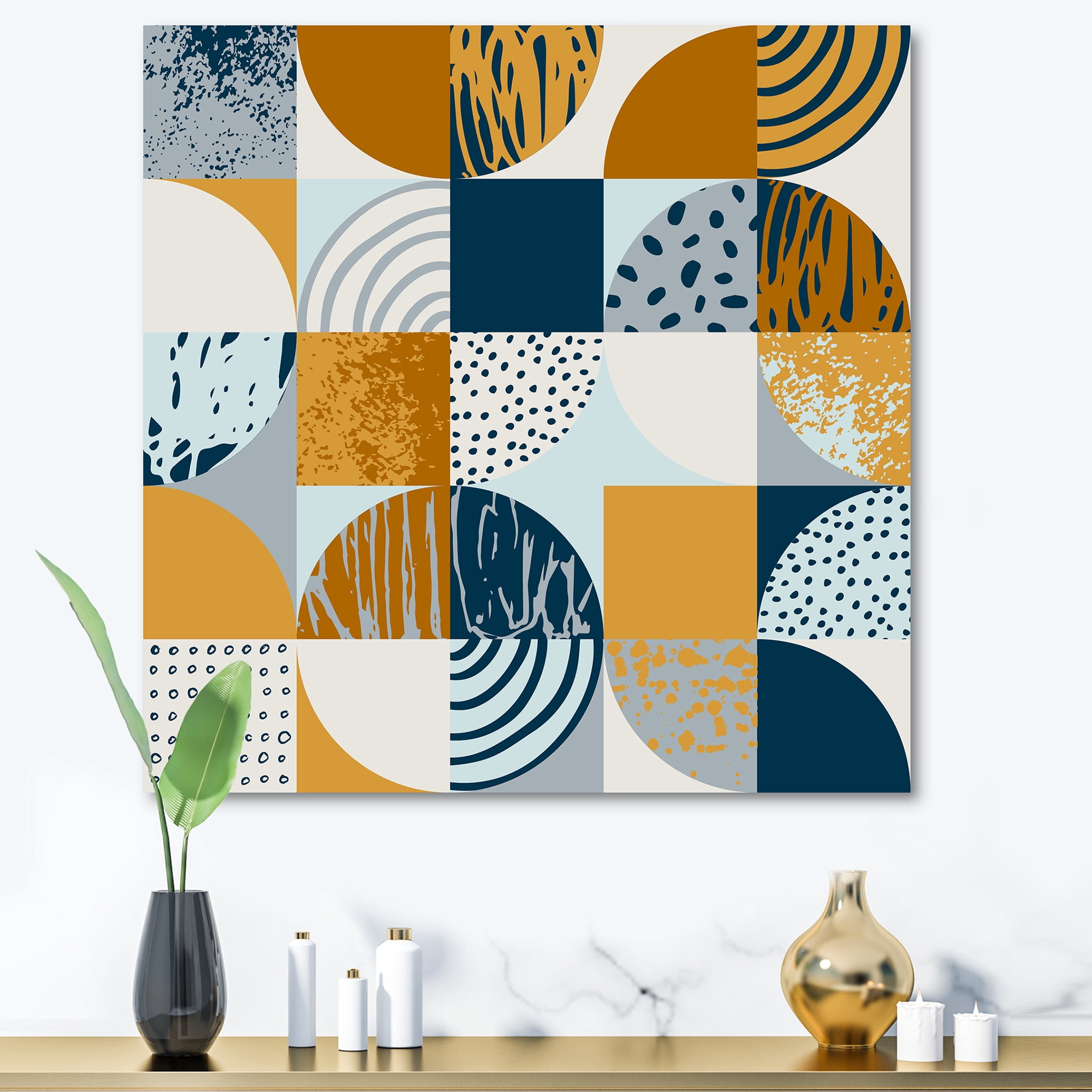 Retro Semicircles Squares and Circles 16 in x 16 in Painting Canvas Art Print, by Designart