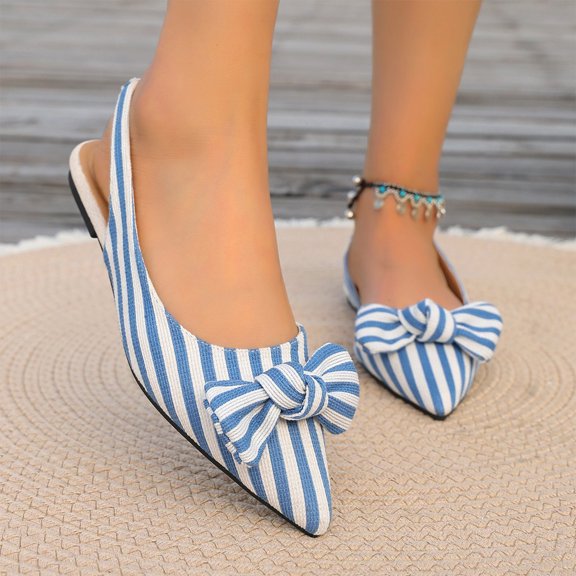 Willtoo Women's Pointed Toe Slip on Flat Stripe Bow Slides Mules Shoes