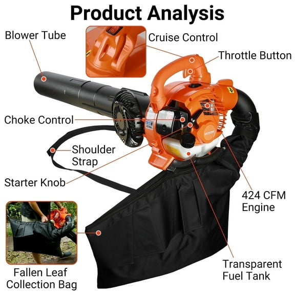 Seipola Hand-held 2-stroke,0.7kW leaf Blower-With collection bag, Blow-suction,Straight bend design,6 blowpipes,Orange