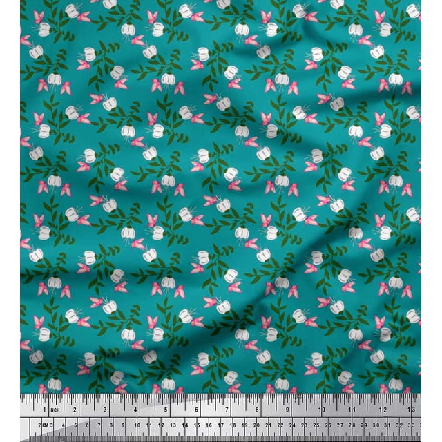 Soimoi Green Poly Georgette Fabric Leaves,Insect & Floral Artistic Print Sewing Fabric BTY 52 Inch Wide