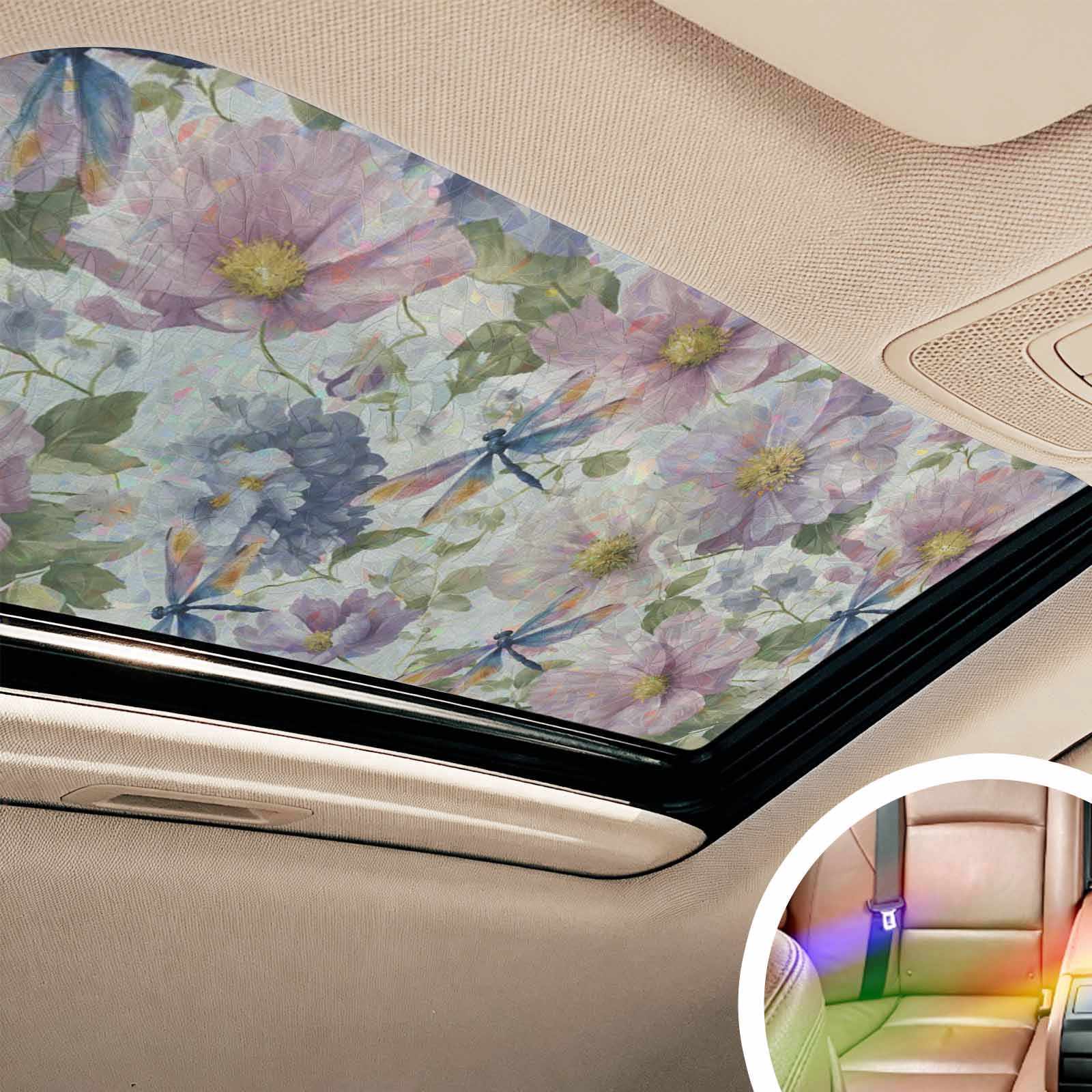 Rainbow Window Privacy Film, Vintage Flowers Static Cling Window Film PVC, Spring Watercolor Floral Dragonflies Beige No Glue UV Blocking Glass Covering, Removable Stained Glass Sticker 23.6''x59''