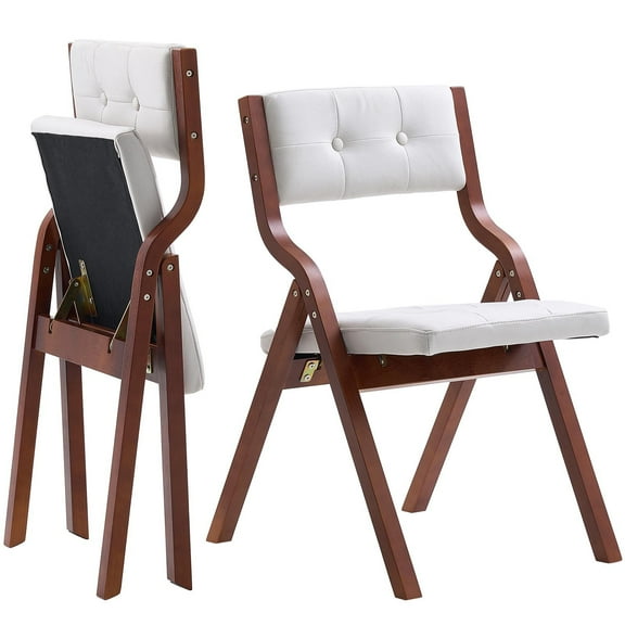 KFFKFF Set of 2 Wooden Folding Chairs with Cushions, Portable Foldable Design with Wooden Frame, Comfortable Padded Seating for Kitchen, Office, Weddings, Parties, Dining Room, Simple Assembly, White