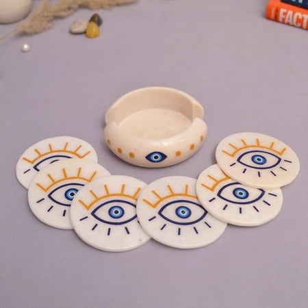 

White Marble Coaster Set With 6 Pcs Coaster plates Eye Design Décor