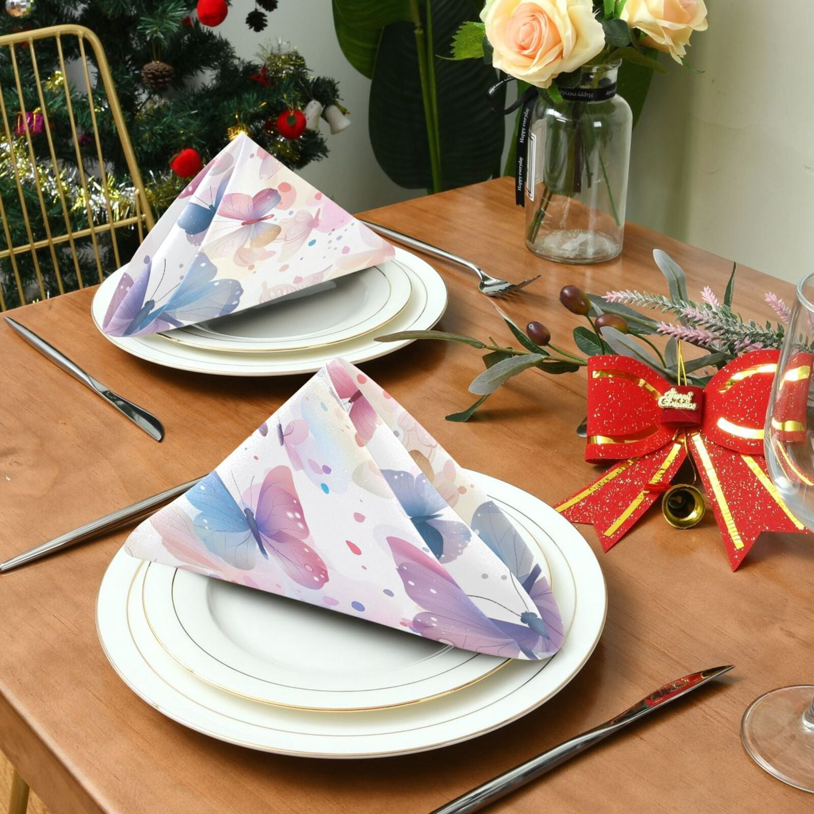 JSTEL Pink & Blue Butterfly Cloth Napkins Set of 6, 20x20 Inch Washable and Reusable Napkin for Decoupage Dinner Party Everyday Use
