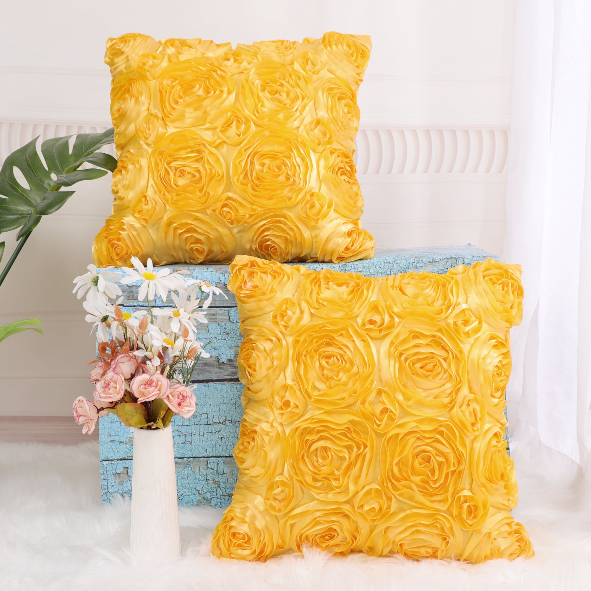 Unique Bargains 2-Pack 3D Flower Decorative Throw Pillow Covers 16" x 16" Gold
