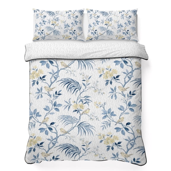 Quilts King Size Bedding Set, Blue Yellow Floral Lightweight Quilted Comforter, Spring Birds Garden Botanical Blossom Soft Reversible Bedspread Coverlet with Pillow Covers for All Season, 96" x 106"