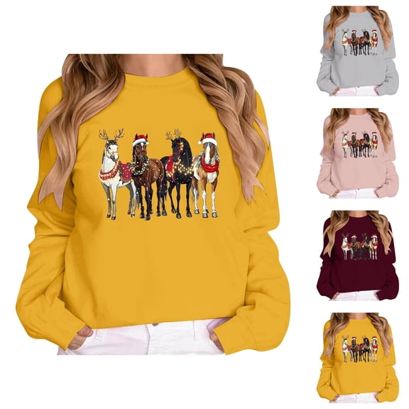 Funny Horses Christmas Sweatshirts for Women 2025 Long Sleeve Crewneck Cowgirl Holiday Graphic Sweatshirt Pullover Tops
