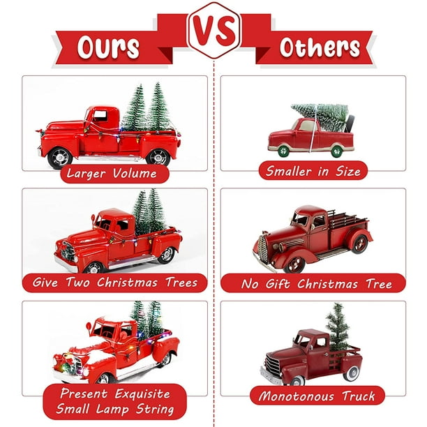 HSD Christmas Farmhouse Red Truck Decor, LED String Lights Vintage Red  Metal Pickup Truck Car Model with Mini Christmas Trees Ornaments, for  Christmas Decorations and Table Top Decor 