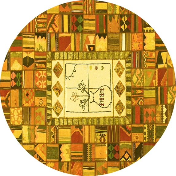 Ahgly Company Machine Washable Indoor Round Oriental Yellow Traditional Area Rugs, 3' Round