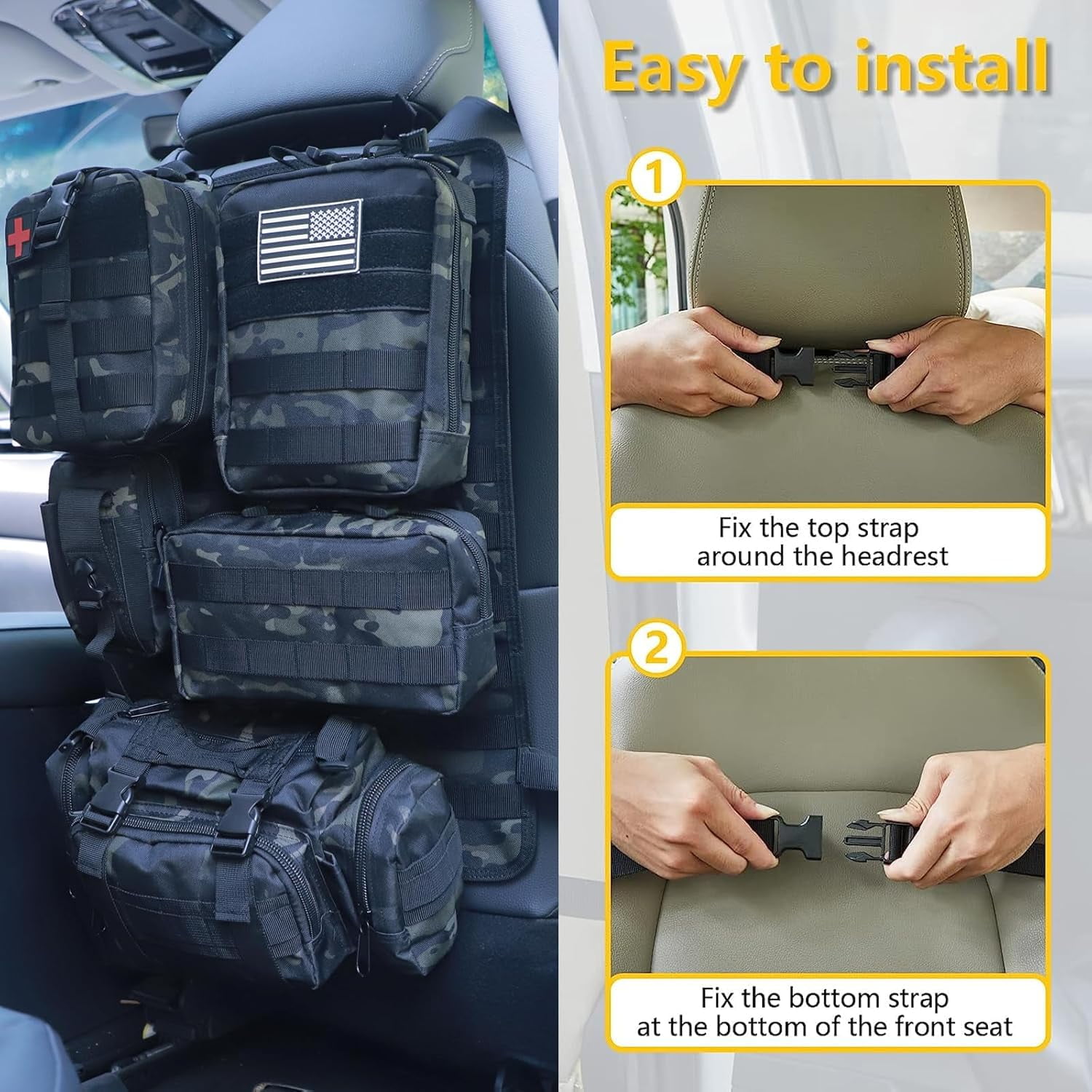 Universal Tactical Car Seat Back Organizer Bag Tactical Molle Vehicle Organizers Panel Vehicle Protector Organizers with 5 Detachable Pouches for Car Truck Ford Jeep (Black camo)