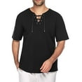 thumbnail image 2 of Leutsin Men's Drawstring Solid Color Cotton And Linen Short Sleeve T-shirt Tops, 2 of 6