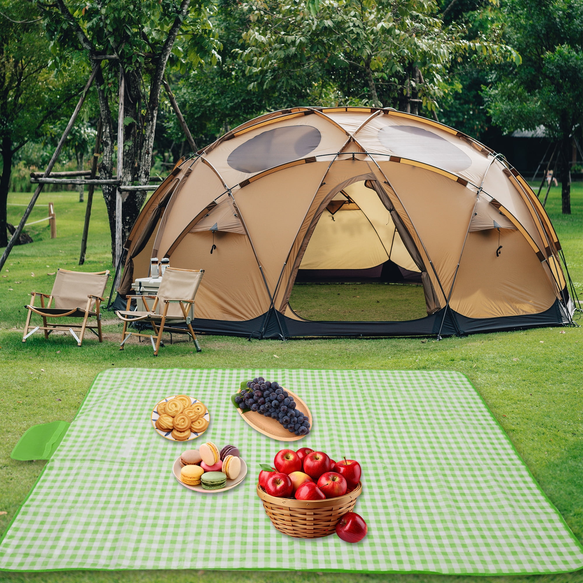Unique Bargains Picnic Blanket Beach Mat Lightweight with Handle Green White 200x200cm
