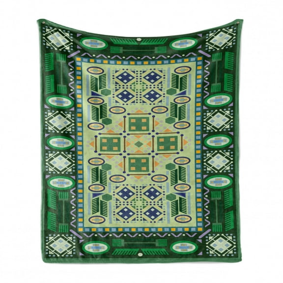 Afghan Soft Flannel Fleece Blanket, Oriental Culture Arrangement of Geometric Shapes Rhombuses and Circles Illustration, Cozy Plush for Indoor and Outdoor Use, 60" x 80", Multicolor, by Ambesonne