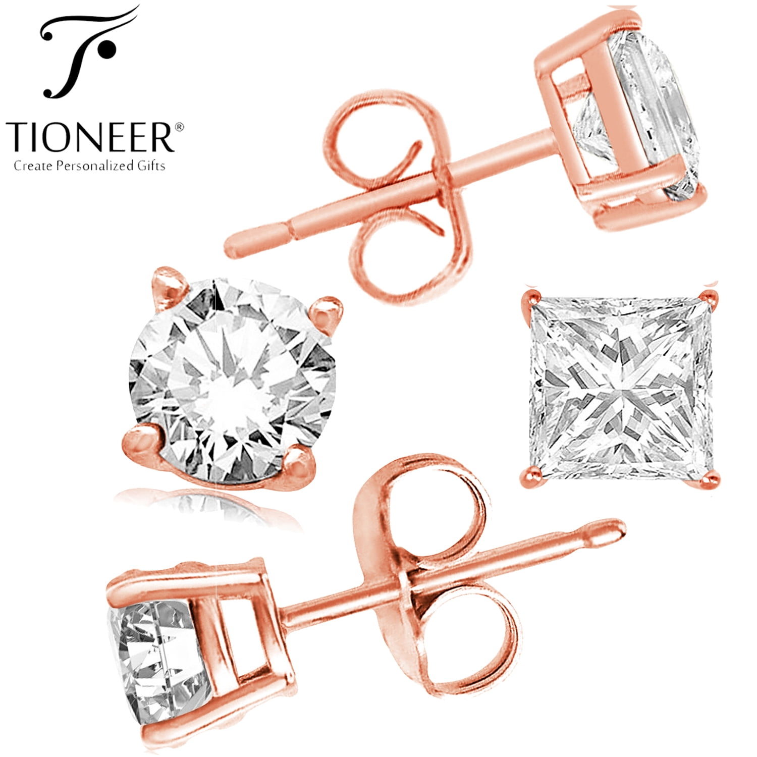 Sterling Silver 925 Rose Gold Plated Brilliant Round / Square Cut Clear Cubic Zirconia Ear Stud Earrings