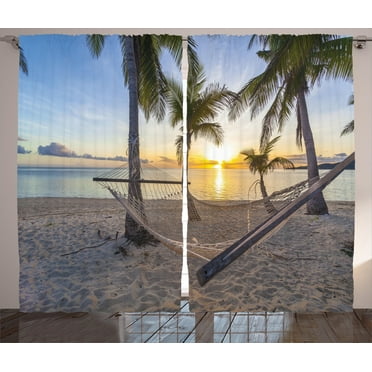 Ambesonne Tropical Curtains 2 Panel Set, Paradise Beach Palms, 108" x 84", Multicolor