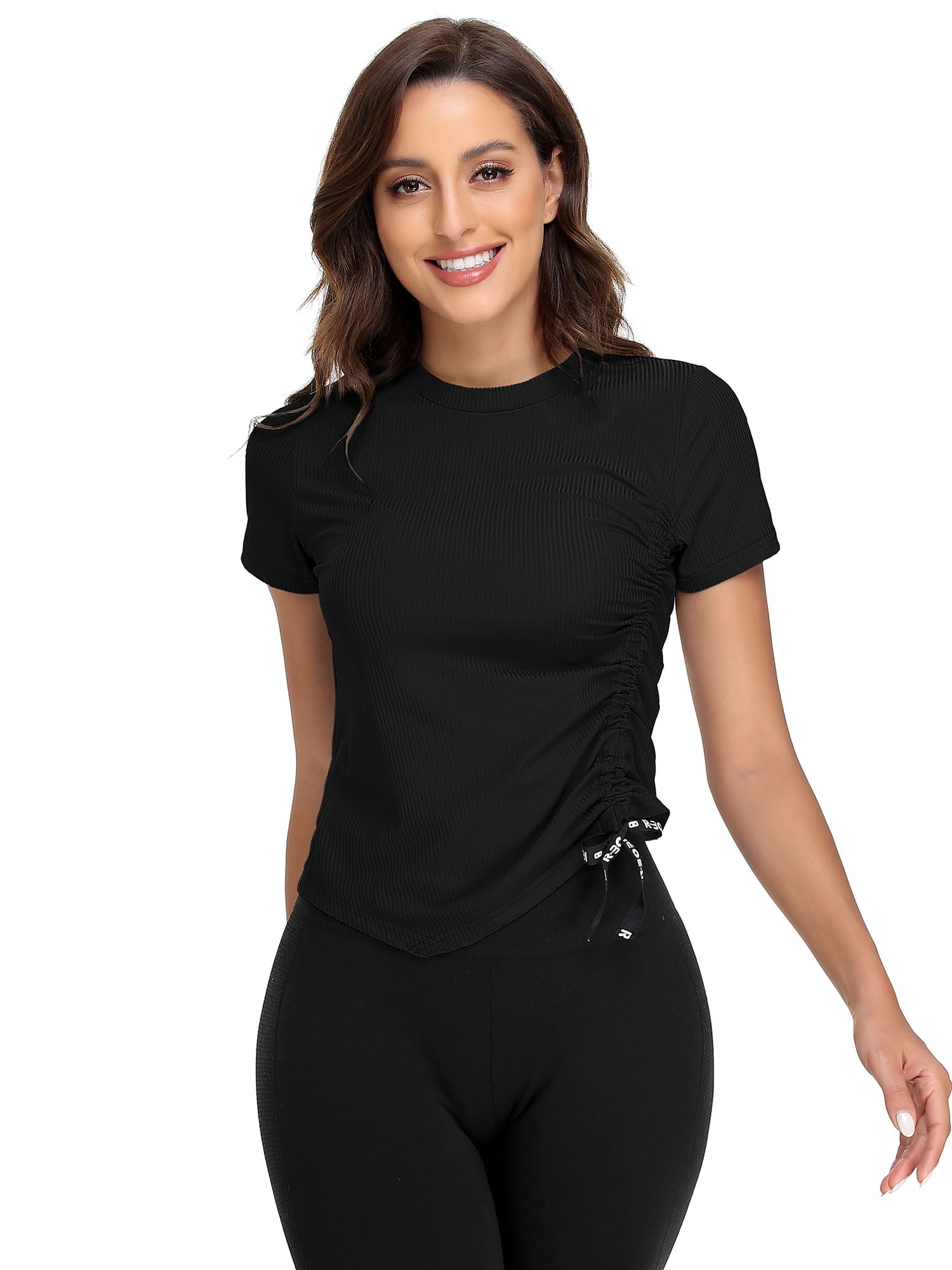 BeautyIn Women's Workout Shirts Drawstring Hem Fitted Top Short Sleeve Yoga Running tanks