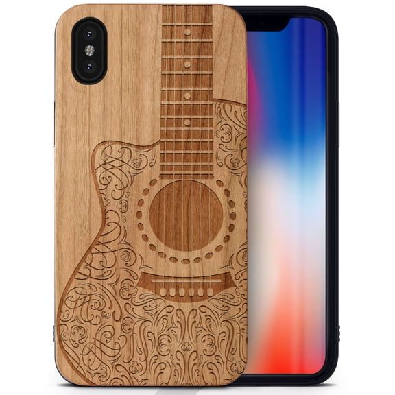 Case Yard Wooden Case Outside Soft TPU Silicone, Slim Fit Shockproof Wood Protective Phone Cover for Girls Boys Men and Women, Supports Wireless Charging Electro Guitar Design case for iPhone-X
