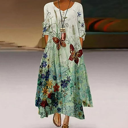 

jsaierl Fashion Casual Women Casual Long Sleeve V-Neck Floral Printed Irregular Long Dresses Dress for Women 2022