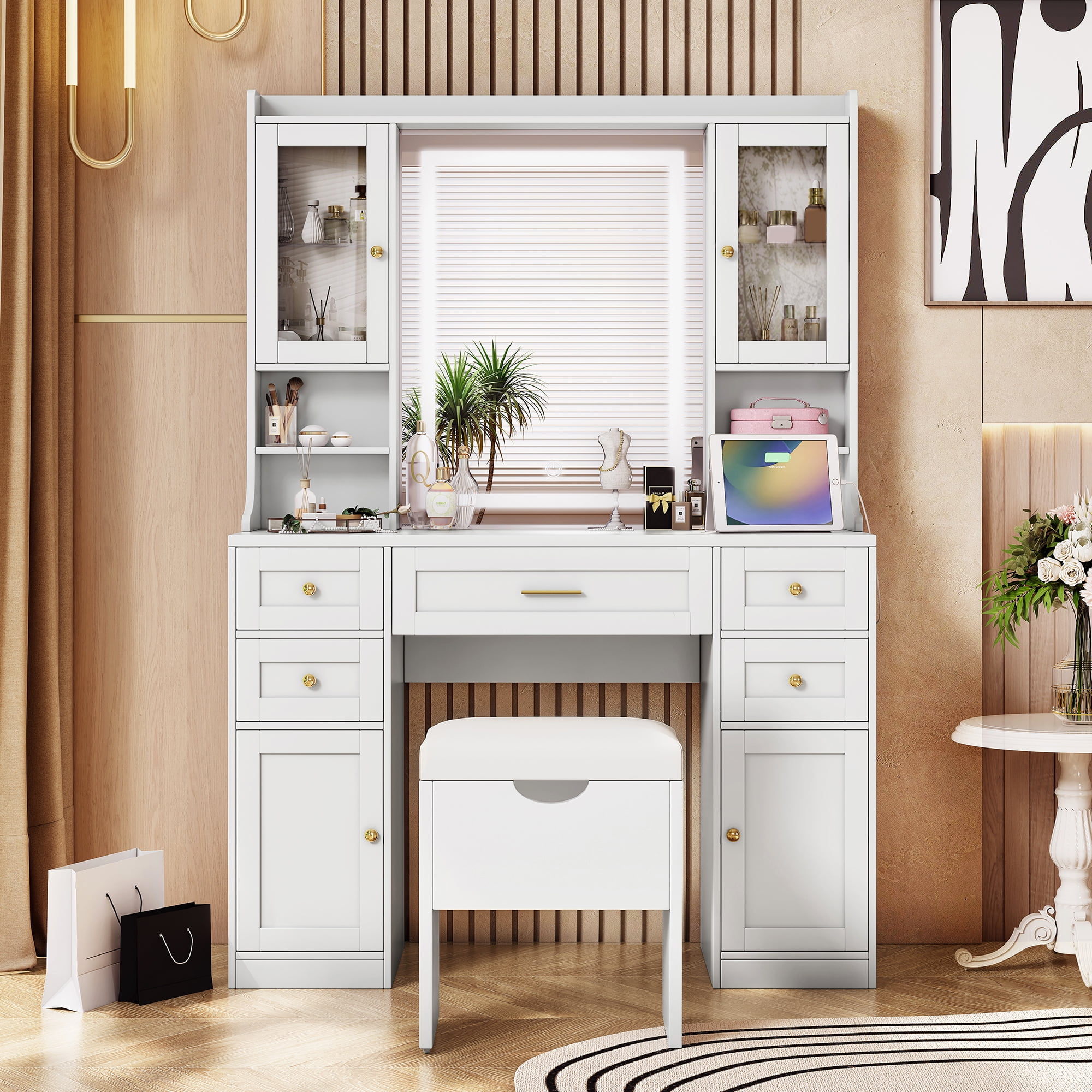 Euroco White Makeup Vanity with Lighted Mirror, 5 Drawers, 2 Cabinets and Charging Station, Vintage Style Dresser for Bedroom