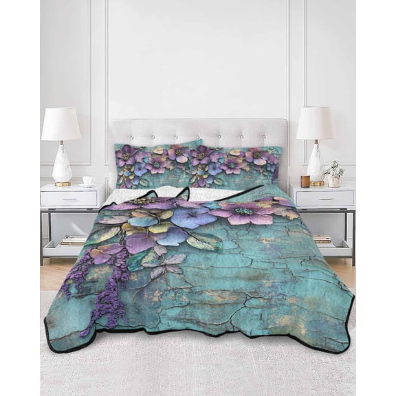 Quilts Twin Size, Spring Purple Flower Soft Comforter Bedding Set for Bed, Retro Wall Seamless Garden Pastoral Lightweight Quilted Bedspread with Pillow Cover(2 Pieces) for All Season, 68x86 Inch