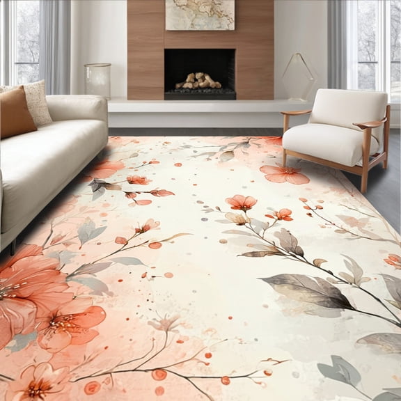 ODIKA 4'x6' Machine Washable Non-Slip Area Rug, Floral Cascade Peach & Cream Botanical Accent High Traffic Rug, Beige, 42371