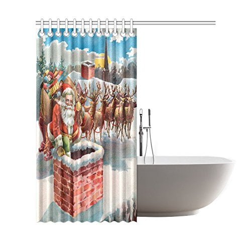 Christmas Sleigh Santa Claus Shower Curtain Bathroom Set Polyester Fabric Hooks