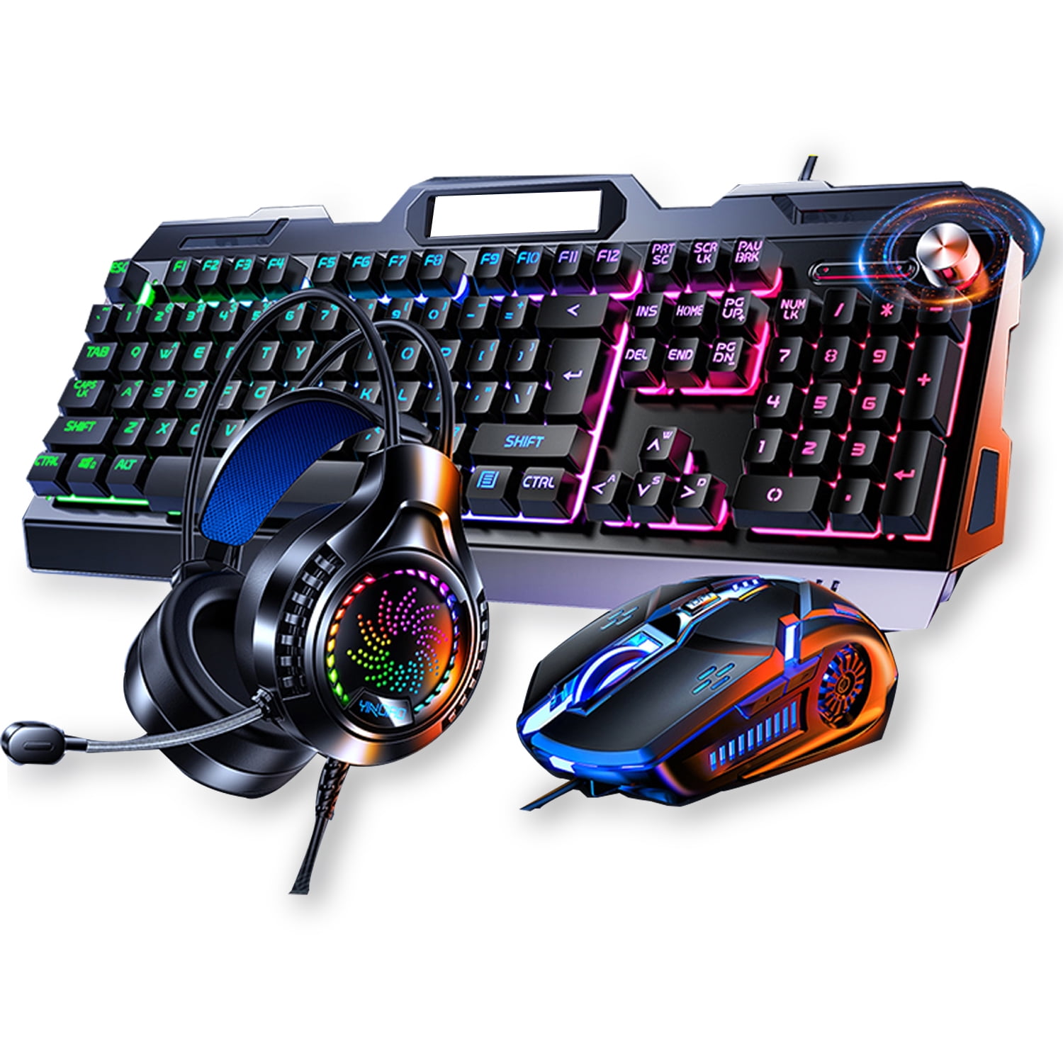 Gaming Keyboard Mouse Headset and Mousepad Combo, Rainbow LED Backlit