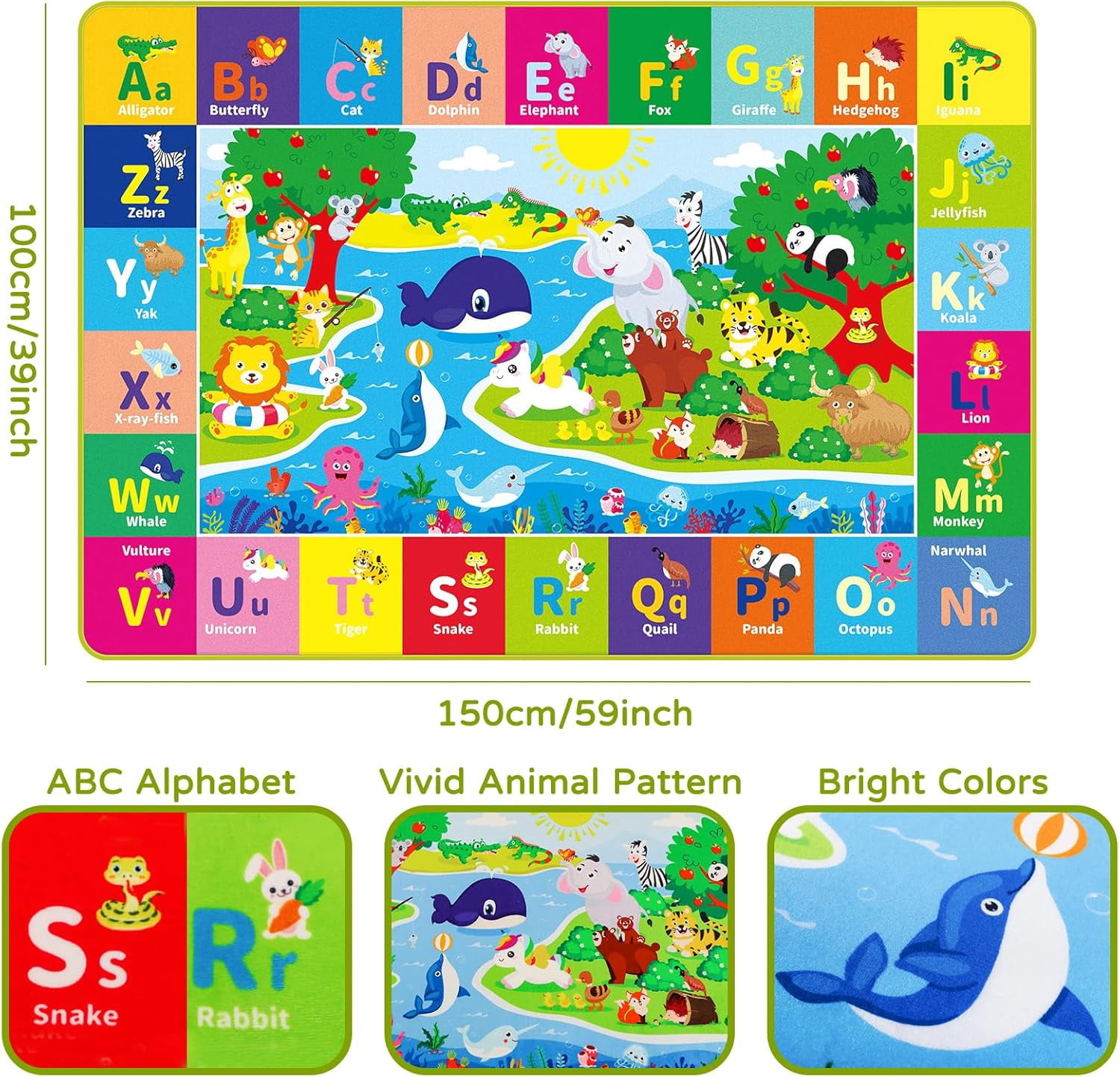 AKASISRUG ABC Kids Rug, Kids Play Mat,Preschool Rugs with Animals, Foldable Floor Mat,59" X 39.4"