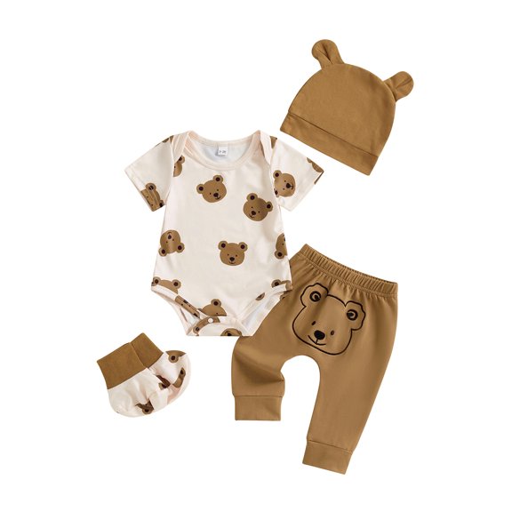 RUINIXCW Newborn Baby Boy Hospital Going Home Outfits Infant Baby Boys Spring Summer Fall Clothes Bear Print Short Sleeve Romper with Pants and Hat Foot Covers Set