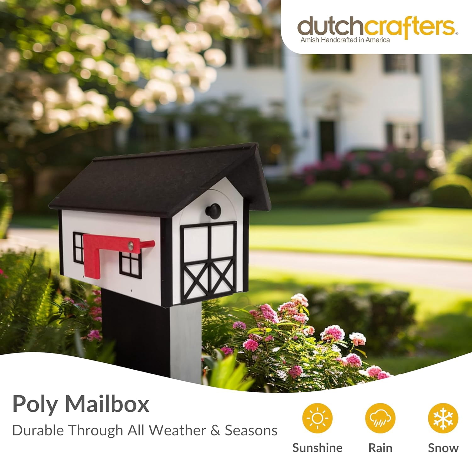 DutchCrafters Large Farmhouse Mailbox, Durable Plastic Barn Mailboxes for Outside, Post Mount Mail Box with Flag, Barnhouse Style - Amish Made in America (Cherrywood and Black)