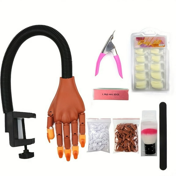 Practice Hand for Acrylic Nails Flexible Nail Practice Hand Training Kits with Fake Nail Tips, Nail Files, Clipper and Brush