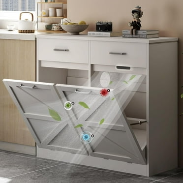 White Farmhouse Tilt-Out Trash Cabinet w/ 2 Drawers & Deodorizer | Holds 2x10 Gal Bins | Kitchen/Dining Room Wood Storage