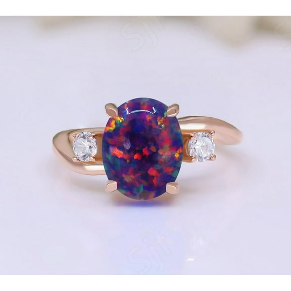 Oval Black Opal Gemstone Engagement Ring Vintage Art deco Bridal Moissanite Ring 14K Rose Gold 925 Silver Ring Promise Ring For Love