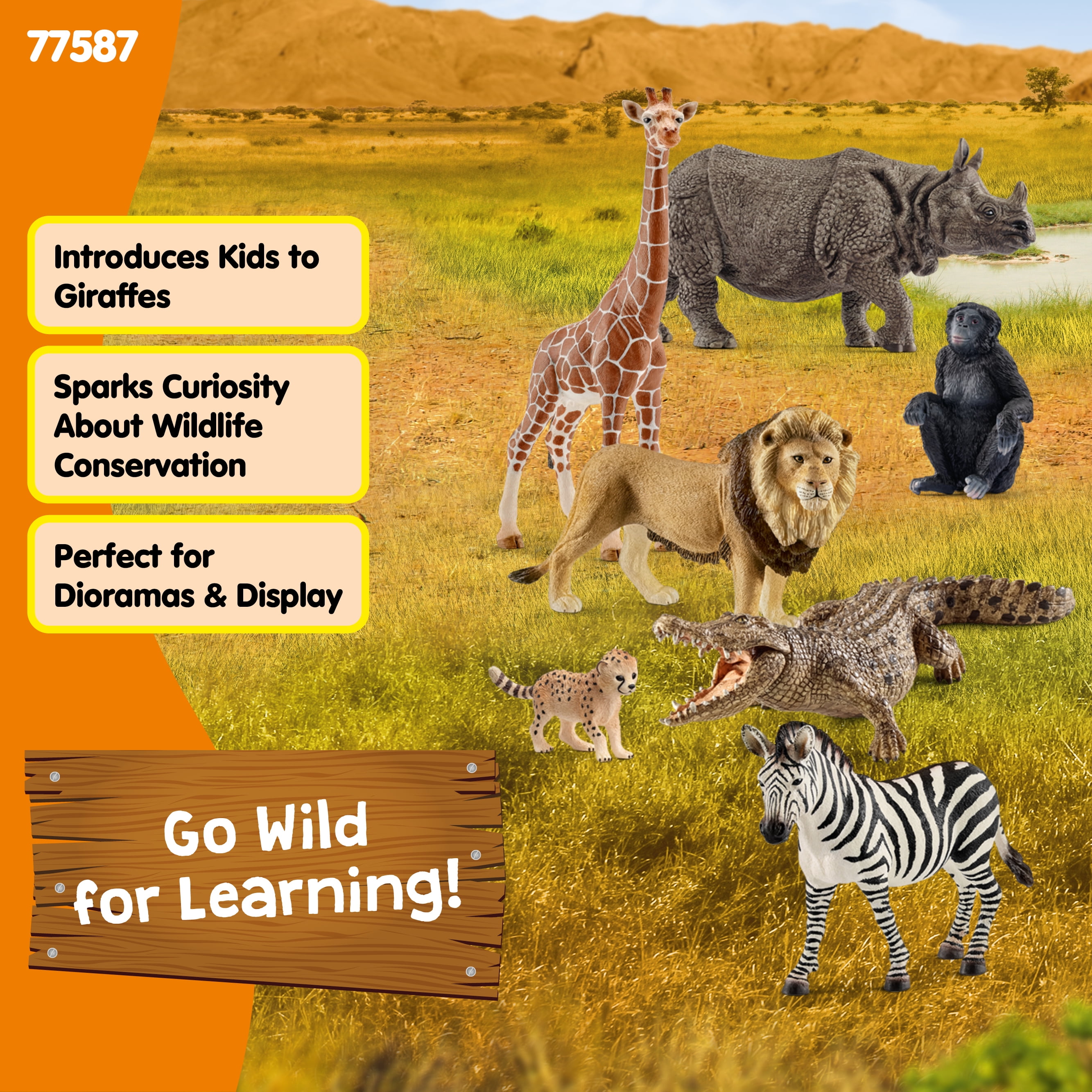 Schleich Animals Wild Life Safari Animals Figures 7-Piece Animal Figurines Set with Lion, Giraffe, Zebra, Bonobo, Rhino, Crocodile and Cheetah Cub Toy