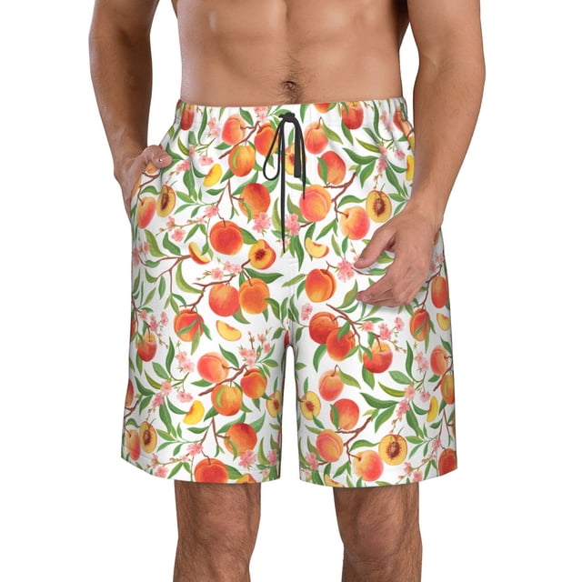 Wukai Fruits Peach2 Print Beach Trunks with Compression Liner Swimsuit Quick Dry Beach Sports Shorts with Pocket-Medium