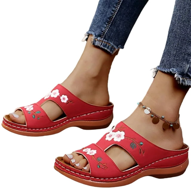 Leather Flower Embroidered Vintage Casual Soft footbed Orthopedic Arch-Support Sandals
