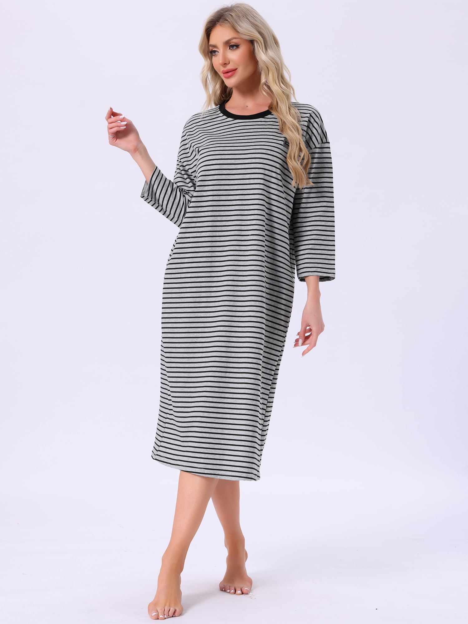 DARING DIVA Women's Cotton Stripe Long Sleeve Nightgown with Built in Bra S Gray