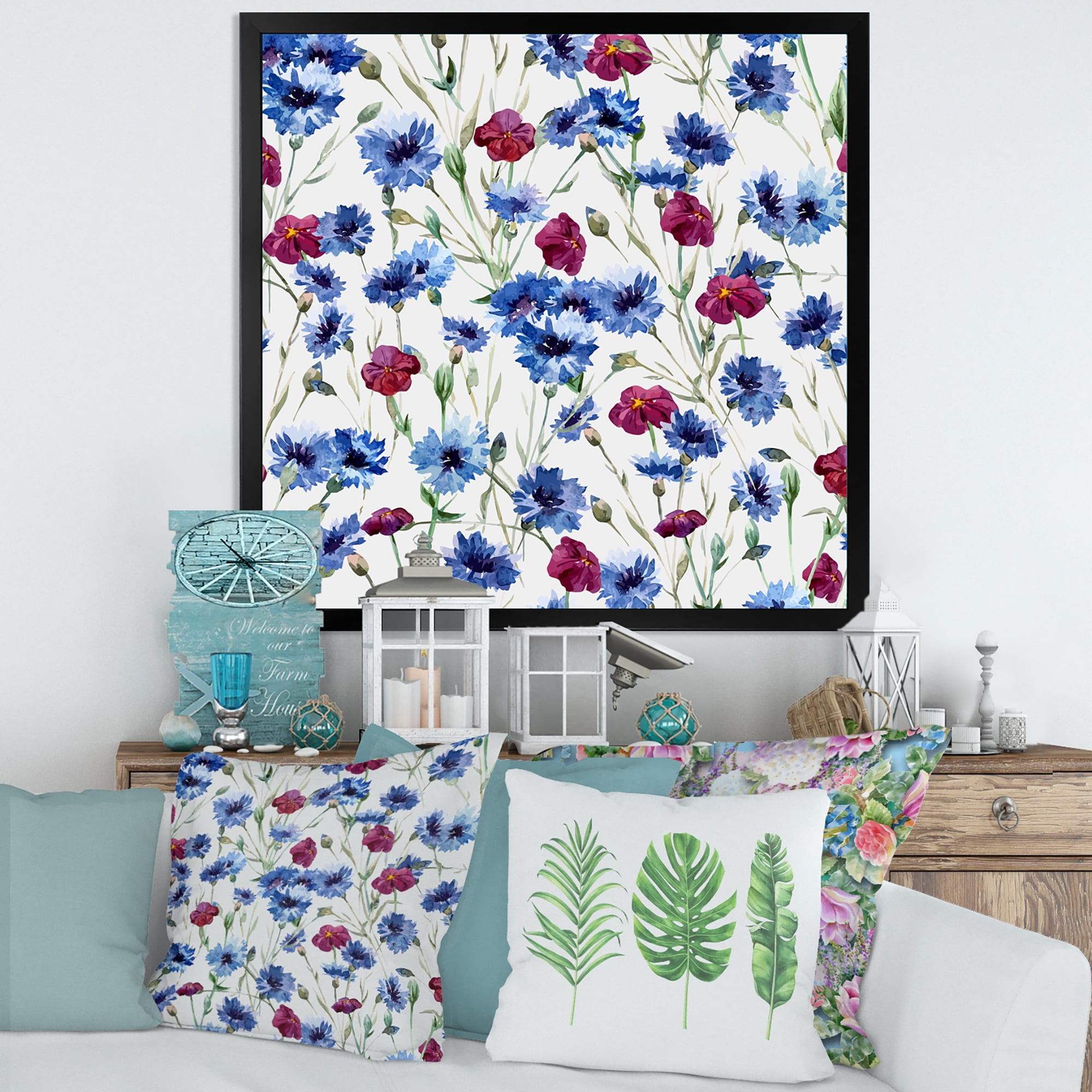 Designart 'Red and Blue Wildflowers' Traditional Framed Art Print