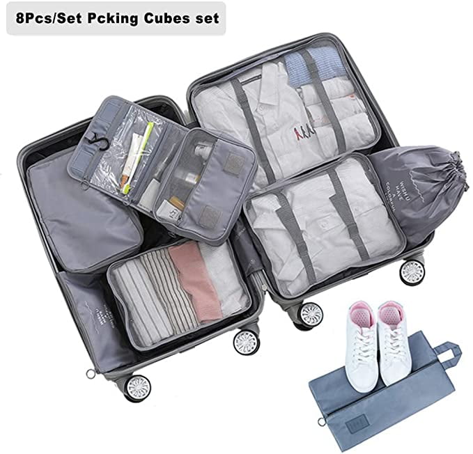 Pink Packing Cubes 8 Sets Latest Design Travel Luggage Organizers Include Waterproof Shoe Storage Bag Convenient Packing Pouches for Traveller 